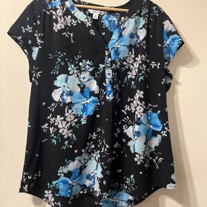 Croft & Barrow Womens Size XXL Cap Sleeve V-Neck Black Floral Blouse work Casual